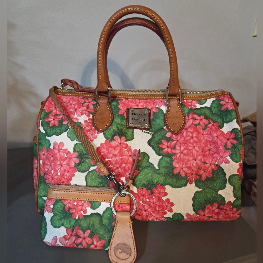 Dooney & Bourke Pink and Green Floral Satchel With Coin Case